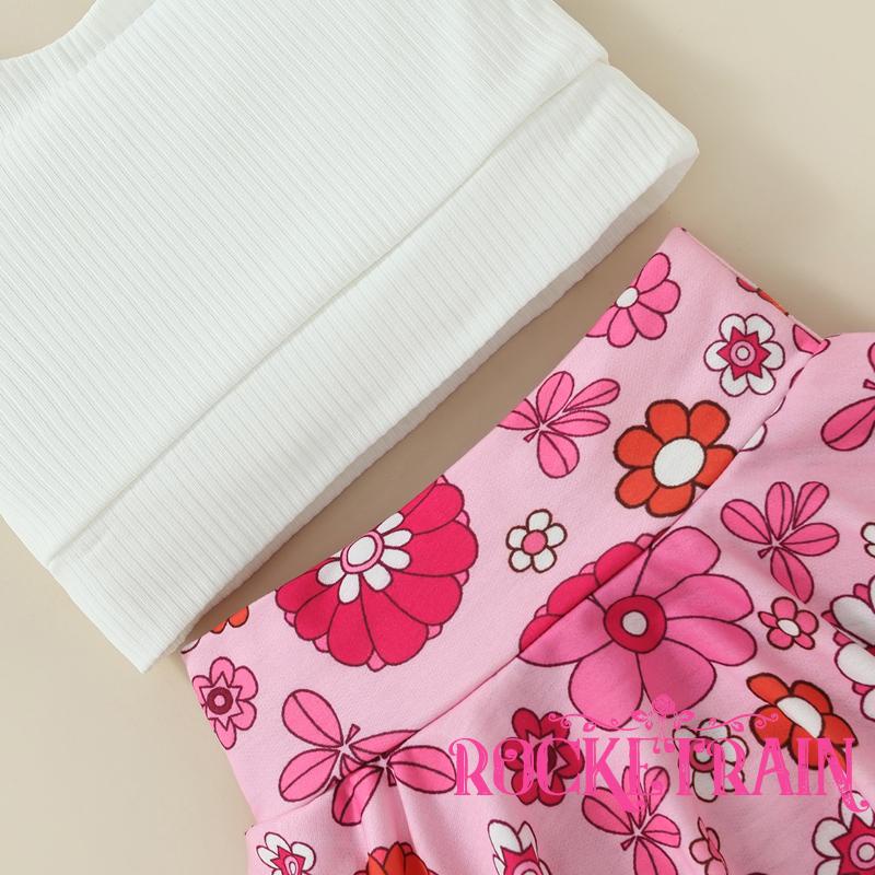 Set Đồ Mùa Hè 3 Món Gồm Áo Không Tay Cổ Yếm In Họa Tiết Hoa + Băng Đô Cài Tóc Cho Bé Gái