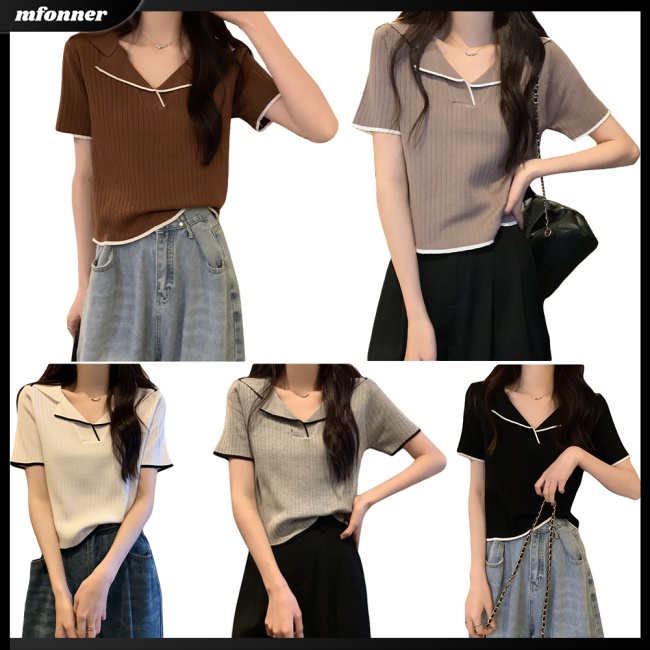 Áo Thun Dệt Kim Ngắn Tay Ôm Dáng Thanh Lịch Theo Phong Cách Mùa Hè Dành Cho Nữ