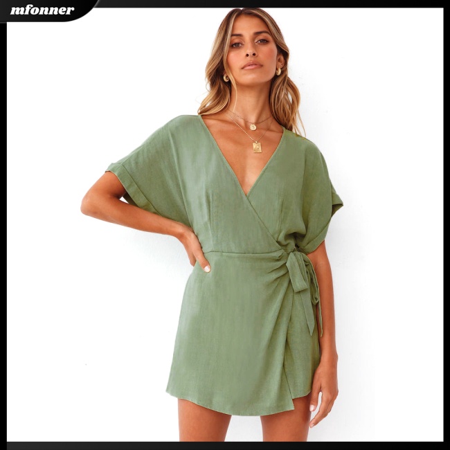 Áo liền quần Ngắn Tay Cổ Chữ V Màu Sắc Thanh Lịch Cho Nữ