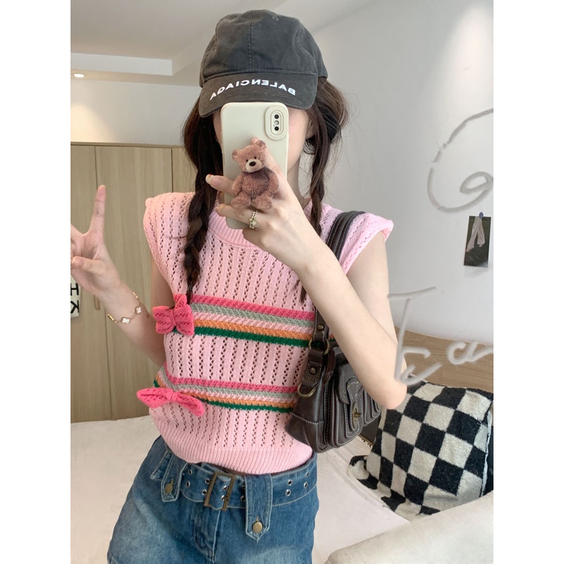 Áo Tank Top Dệt Kim Sát Nách Đính Nơ Độc Đáo Thời Trang Mùa Hè Cho Nữ