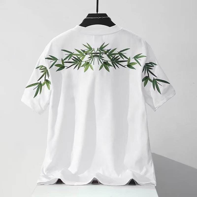 Áo Thun Tay Ngắn Dáng Rộng Thêu Hình Lá Tre Thời Trang Cá Tính Cho Nam