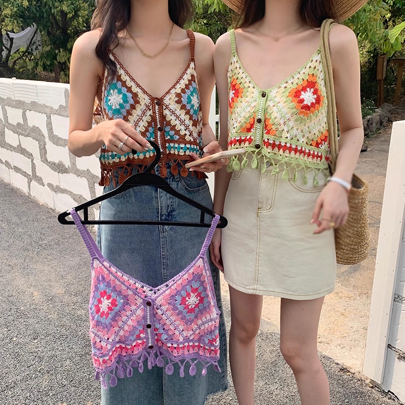 Áo Croptop Dệt Kim Cổ Chữ V Phối Tua Rua Màu Sắc Tương Phản Thời Trang Mùa Hè Cho Nữ