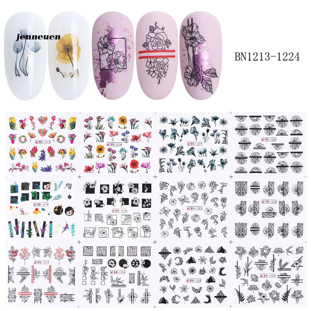 1 Bộ Miếng Dán Móng Tay Dạng Trượt Nước Hình Hoa Lá Màu Đen