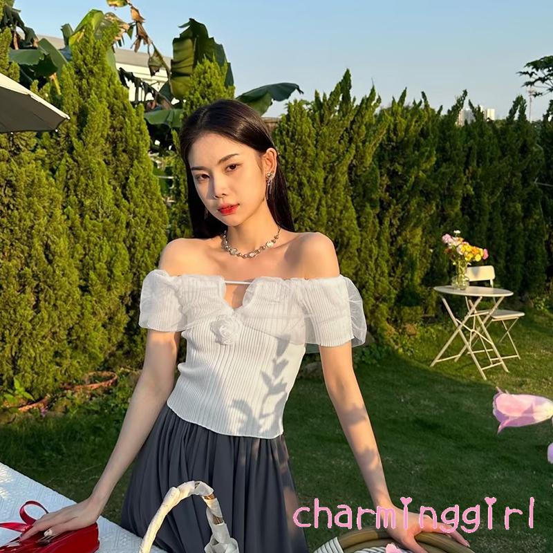 Áo Thun Dệt Kim Tay Ngắn Hở Vai Màu Trơn In Họa Tiết Hoa 3D Dành Cho Nữ