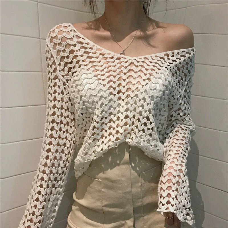 Áo Dệt Kim Khoét Lỗ Thời Trang Mùa Hè Phong Cách Hàn Quốc Cho Nữ