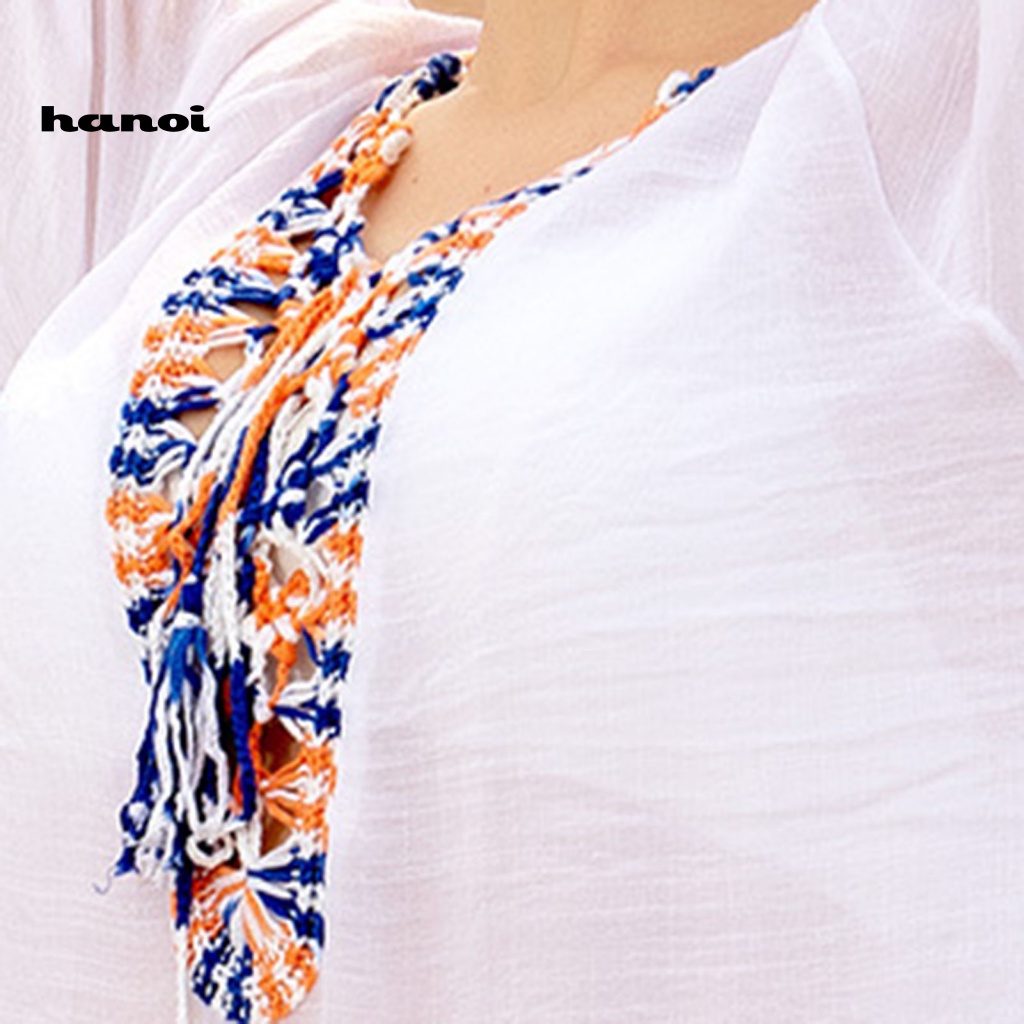 Áo Choàng Dài Đến Đầu Gối Cổ Chữ V Tay Dài Chống Nắng Phối Tua Rua Phong Cách Bohemia Dành Cho Nữ Đi Biển