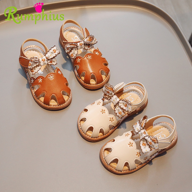 Rumphius Xăng đan Đế Mềm Chống Va Chạm Thêu Hoa Đính Nơ Dành Cho Bé Gái Size 21-30