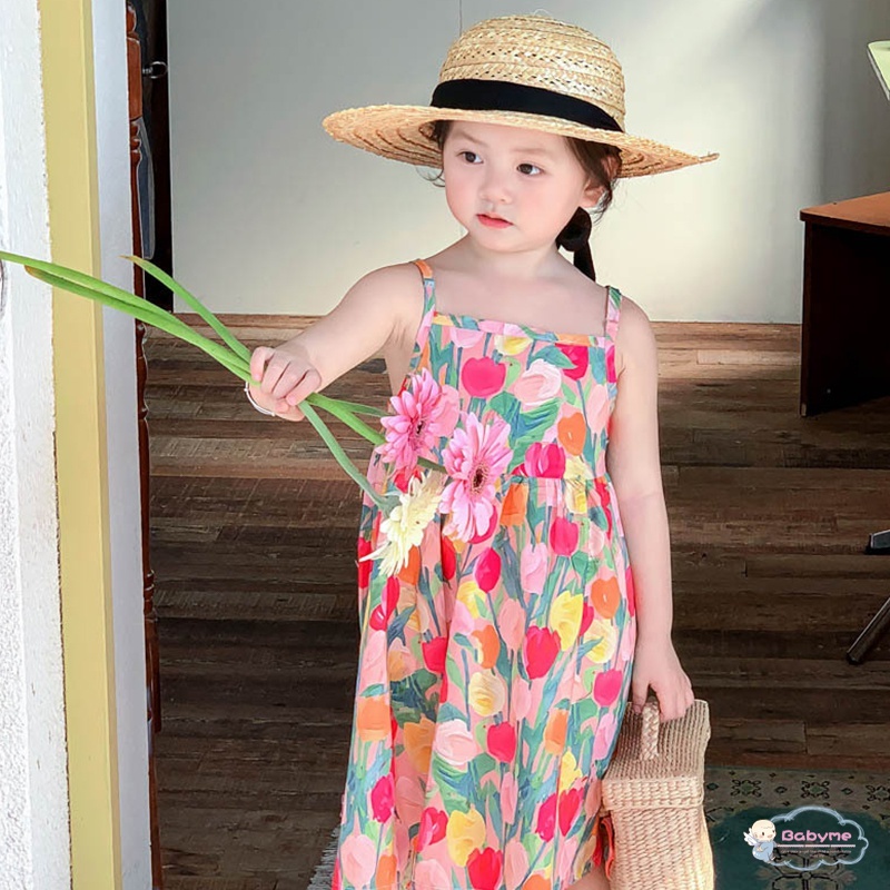 Đầm Công Chúa Hai Dây Họa Tiết Hoa Xinh Xắn Cho Bé Gái