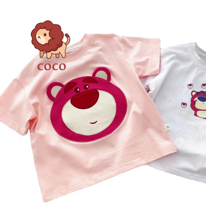 Áo Thun Cotton Tay Ngắn Kẻ Sọc Thêu Hình Gấu Dâu Tây Thời Trang Mùa Hè 2023 Mới Cho Bé Gái