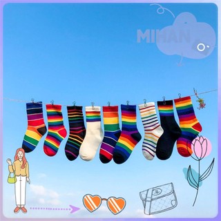 Vớ cotton dài ngang mắt cá họa tiết sọc cầu vồng nhiều màu sắc thời trang mùa thu cho bé gái