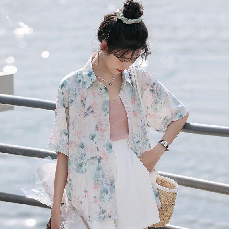 Áo Sơ Mi Chiffon Tay Lửng In Họa Tiết Hoa Thời Trang Hàn Quốc Dành Cho Nữ