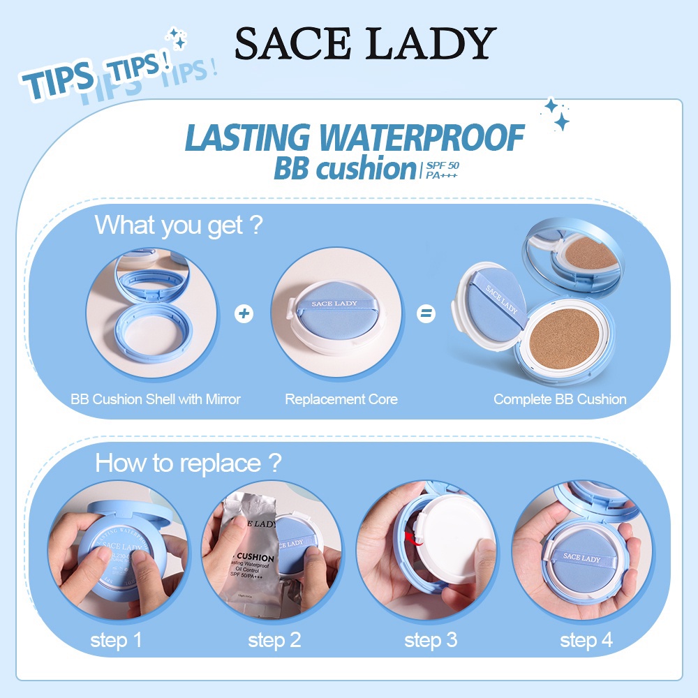 Sace Lady Kiểm soát dầu Trang điểm lâu trôi Phấn phủ không thấm nước Dễ dàng mang theo Phấn nén nhỏ gọn và trang điểm màu nude tự nhiên nhẹ heby1