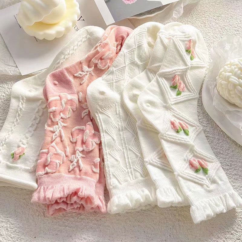 Lolita Nhật Bản phụ nữ dễ thương trắng vớ bộ cô gái mùa xuân và mùa hè ngọt ngào lá sen ren dễ thương bông vớ phụ nữ