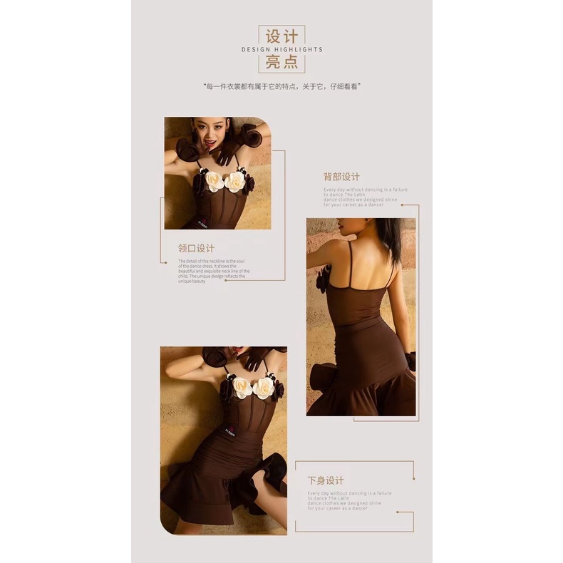 Đầm Khiêu Vũ Latin Hai Dây Màu Cà Phê Thời Trang Mới Cho Nữ