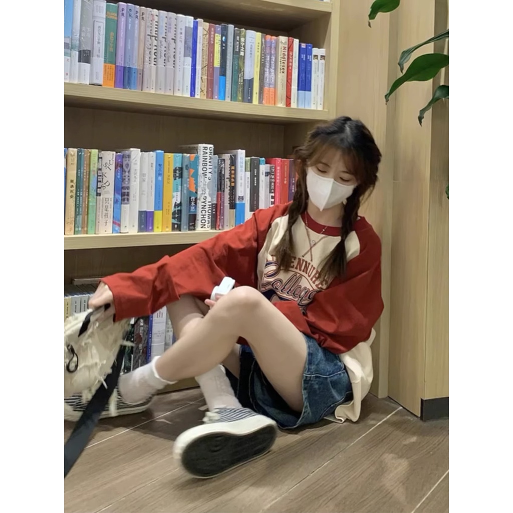 NRVP Mới Áo Thun Nữ Tay Dài 100% Cotton Cổ Tròn Oversize