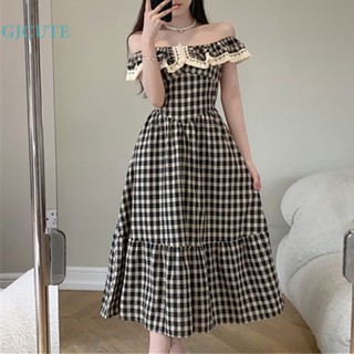 Đầm Midi Dáng Chữ A Trễ Vai Họa Tiết Sọc Caro Phong Cách Vintage Thời Trang Mùa Hè Cho Nữ