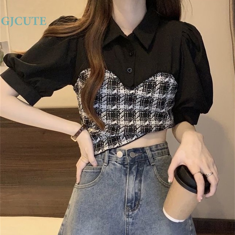 Áo Croptop Dệt Kim Tay Ngắn Cổ Bẻ Thời Trang Mùa Hè Cho Nữ