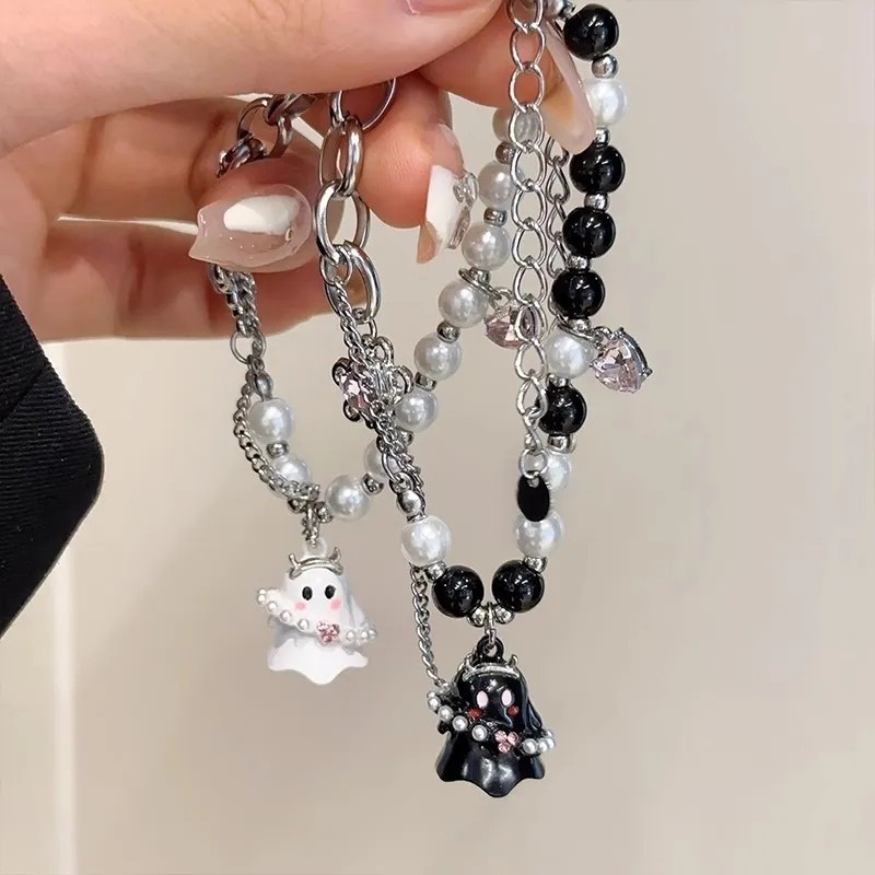 Vòng Tay Chuỗi Hạt Y2K Màu Trắng Đen Đính Hình Ma Dễ Thương Thời Trang Halloween Cho Nam Và Nữ