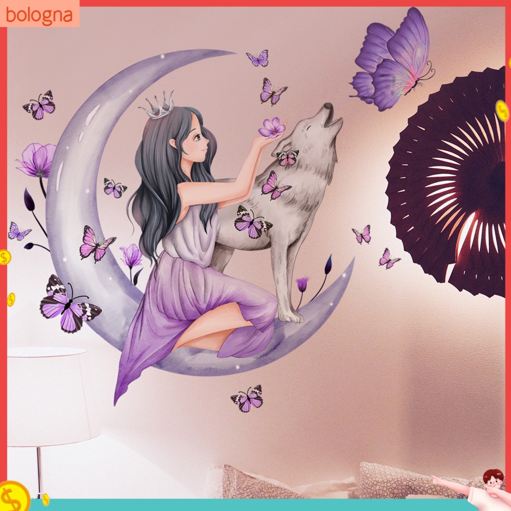 Bộ 2 Đề Can Dán Tường Tự Dính Chống Thấm Nước Hình Cô Gái / Mặt Trăng / Bướm / Sói Dùng Để Trang Trí Phòng Ngủ