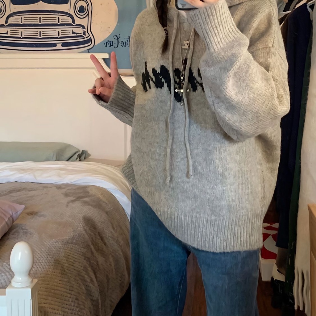 Áo Hoodie Dệt Kim Dáng Rộng Thời Trang Vintage Cho Nữ