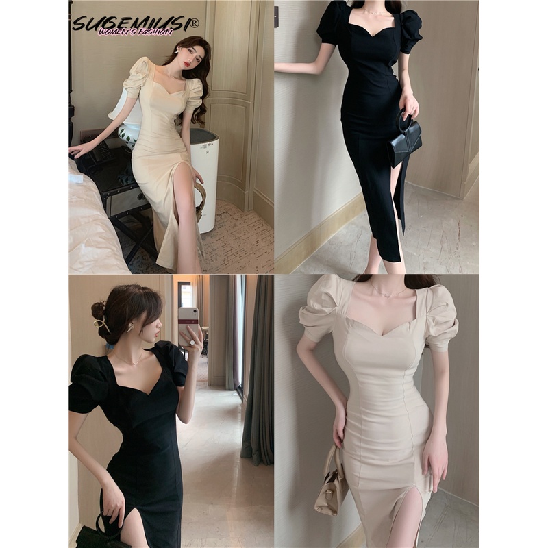 Sugemiusi Đầm Dài Dáng Ôm Tay Phồng Xẻ Tà Cao Gợi Cảm Thiết Kế Thời Trang Pháp Mùa Hè Dành Cho Bạn Nữ