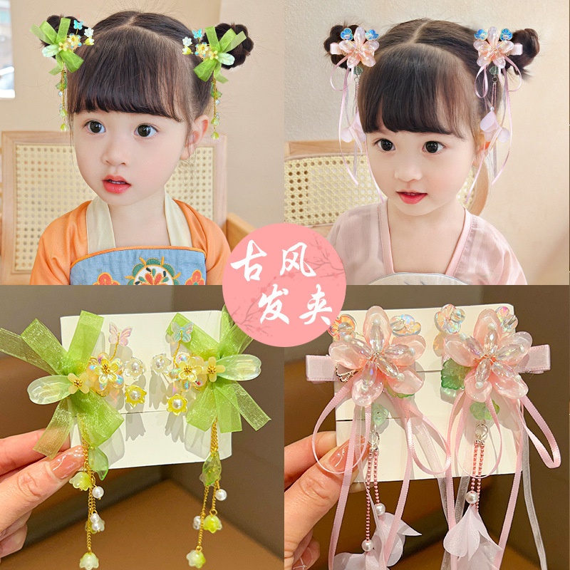 1 cặp cổ bướm ruy băng kẹp tóc tang phù hợp với han phù hợp với bé siêu tiên tóc trang trí cô gái phong cách trung quốc tua rua bên kẹp