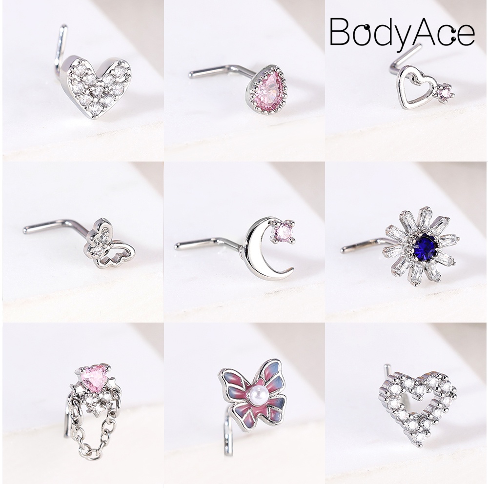 Bodyace 1pc 20g đinh tán mũi bằng thép không gỉ hình dạng l khuyên lỗ mũi pha lê khuyên mũi hình bướm hình dạng hoa đinh tán mũi