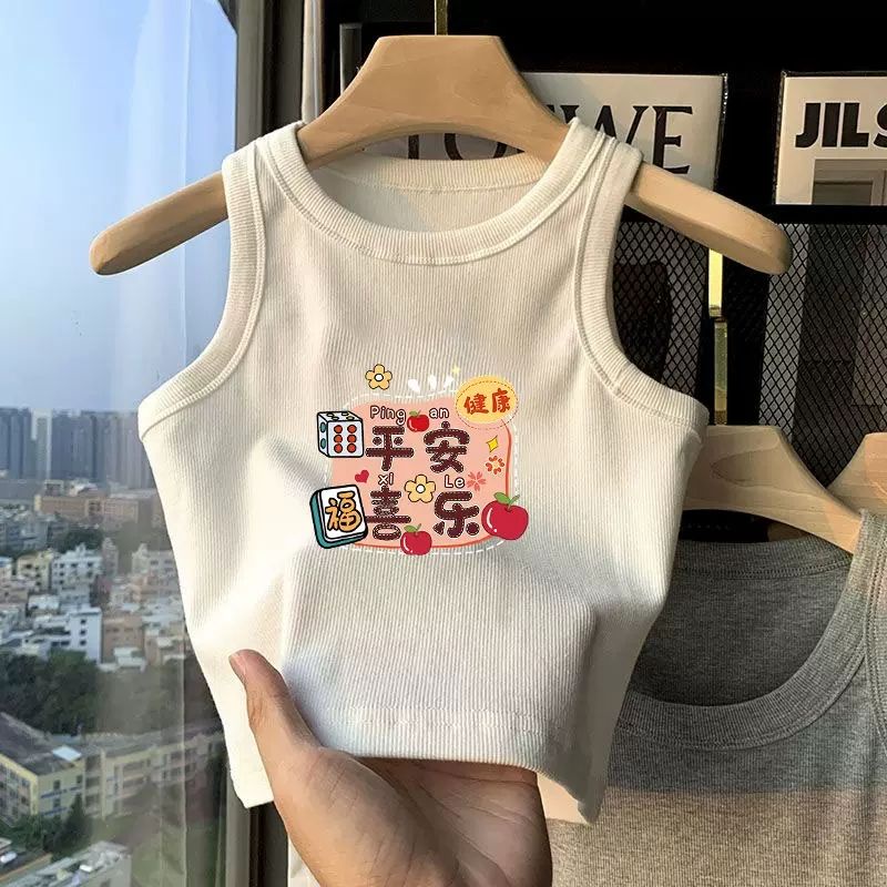 Áo Thun Cotton Không Tay Màu Trơn In Họa Tiết Hoạt Hình Phong Cách Hàn Quốc Dành Cho Bé Gái