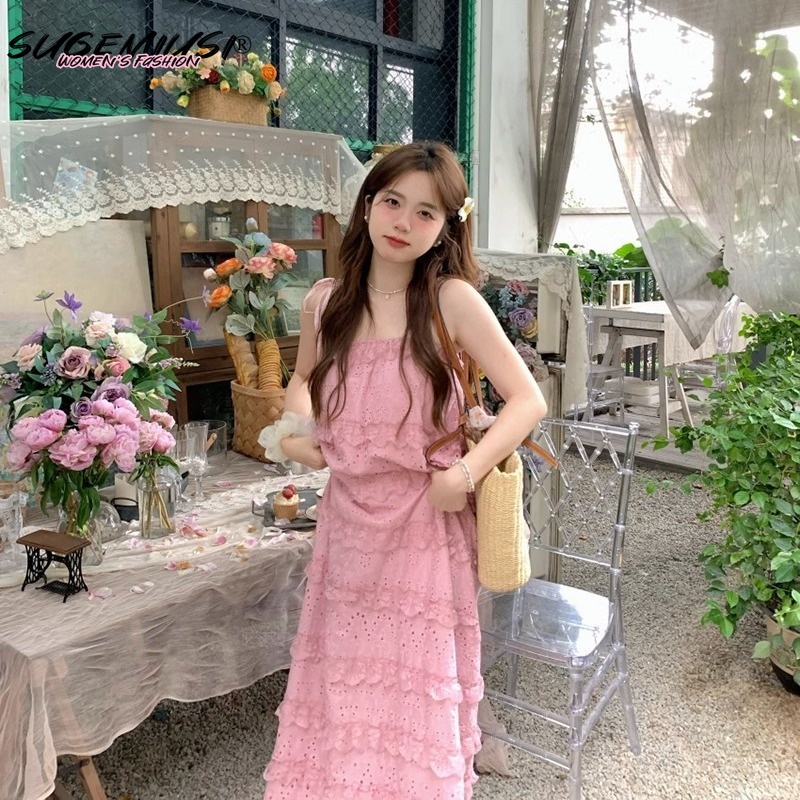 Sugemiusi Đầm Dài Hai Dây Phối Ren Dáng Ôm Gợi Cảm Phong Cách Pháp Thời Trang Mùa Hè Mới Dành Cho Bạn Nữ