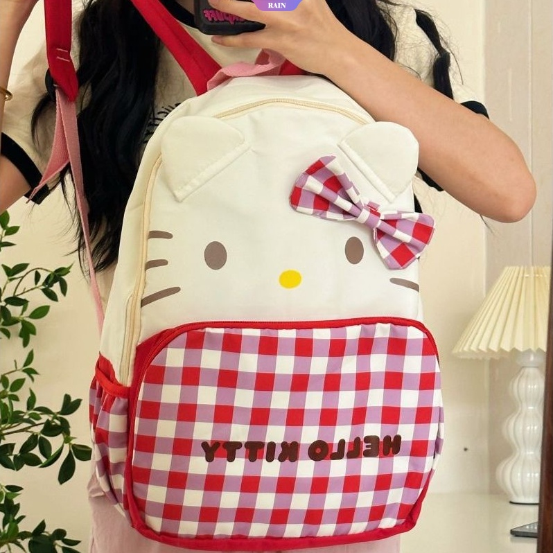 Phim hoạt hình anime hello kitty cô gái trẻ em túi đi học thời trang phụ nữ dễ thương ba lô kẻ caro dung lượng lớn máy tính xách tay du lịch knapsack thanh thiếu niên ba lô cô gái bé trai túi nylon thường [rain]