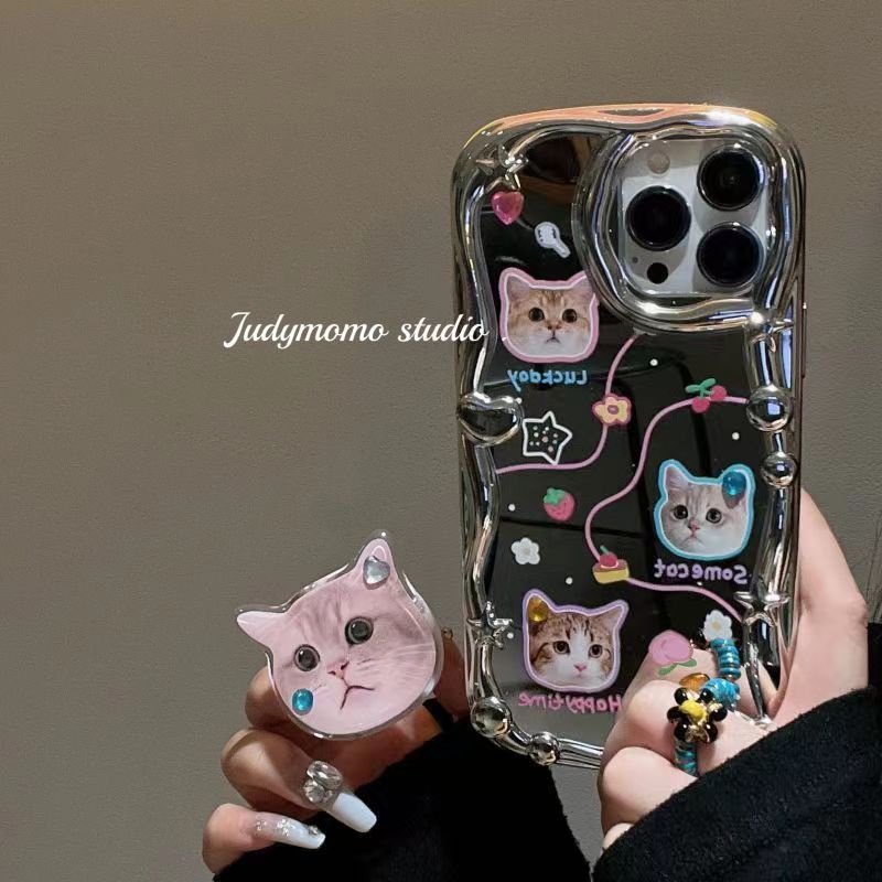 Ốp lưng iPhone Hello kitty for iphone14pro electroplated silver soft case rhinestone cat bracket drop-resistant apple 13 phone case