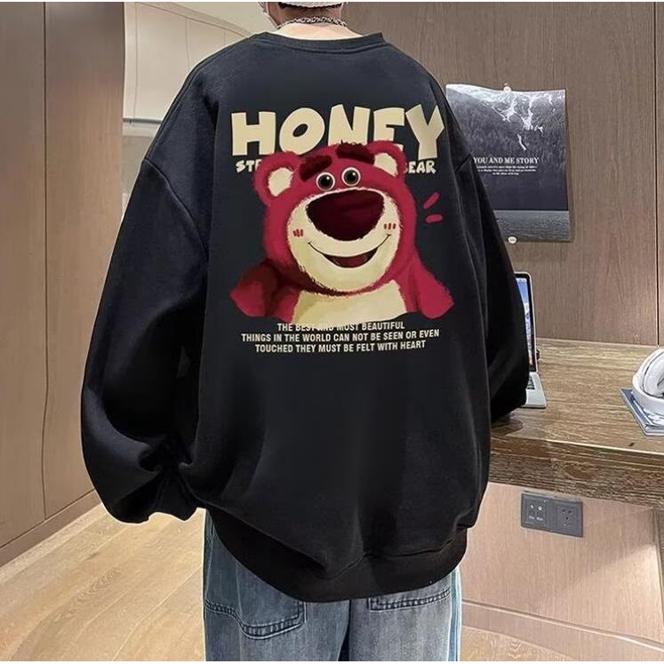 Áo Sweater nam form rộng big size tới 90kg Mỹ sáng tạo phim hoạt hình dâu tây gấu in Unisex Thời Trang Trẻ Trung