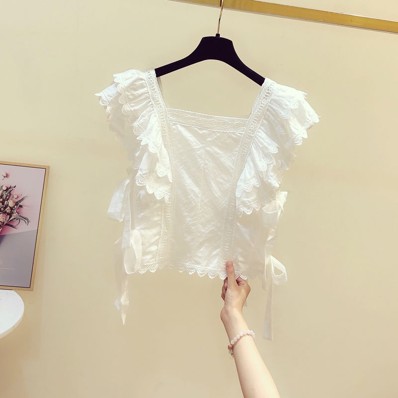 Áo sơ mi nữ nơ ren-up xù cổ vuông ngắn mùa hè chắp vá hàng đầu