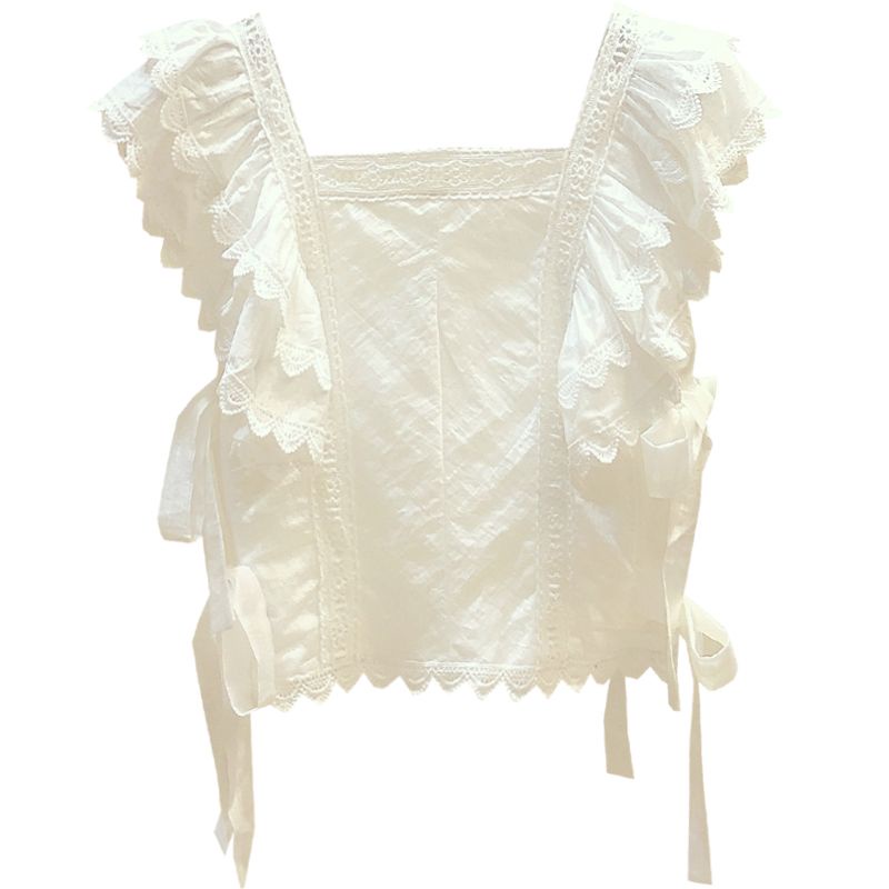 Áo sơ mi nữ nơ ren-up xù cổ vuông ngắn mùa hè chắp vá hàng đầu