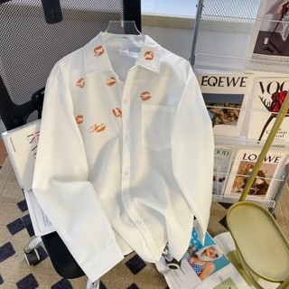 Áo sơ mi nam tay dài chống nắng cổ bẻ họa tiết đôi môi phong cách Hàn Quốc thời trang mùa thu 2023