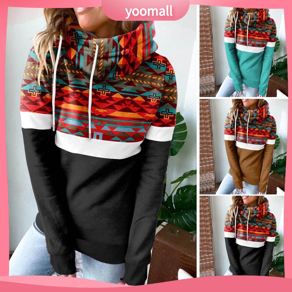 Khăn quàng cổ dây rút dài tay áo dài mid-length áo chui đầu hoodie phụ nữ thu đông dân tộc in hình học mỏng vừa vặn có mũ trùm đầu áo khoác hàng ngày
