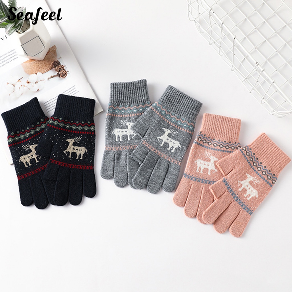 Seafeel_ găng tay dày găng tay hình hươu nai găng tay in dệt kim màn hình cảm ứng đi xe đạp mùa đông găng tay chống trượt đàn hồi ấm áp thích hợp cho học sinh viết và thời tiết lạnh 1 đôi