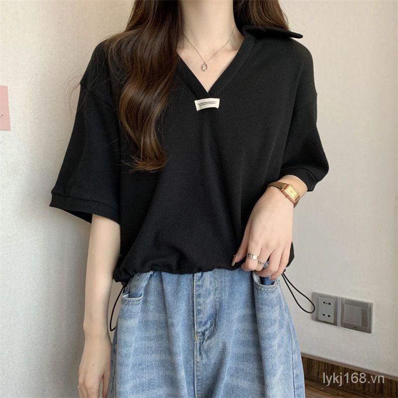 V-neck loose short sleeve women t-shirt over size ahxf
