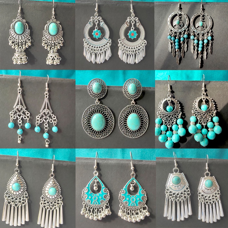 Phong cách dân tộc thiểu số hoa tai màu xanh ngọc lam hoa tai retro bohemian