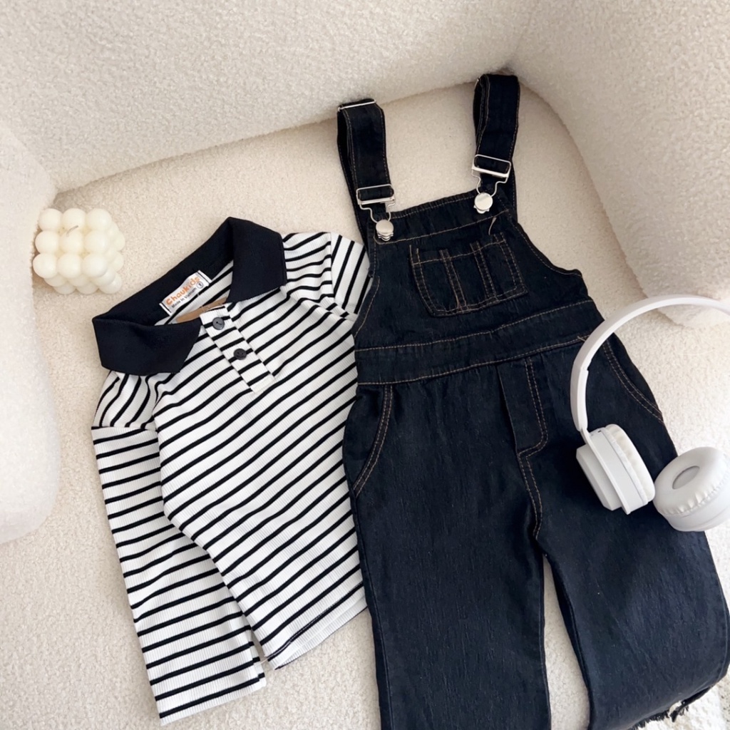 Sét Yếm Jean + Áo Zip Kẻ 10-26kg Đính Nơ Lưng Bé Gái - Shop Mẹ Bông 92