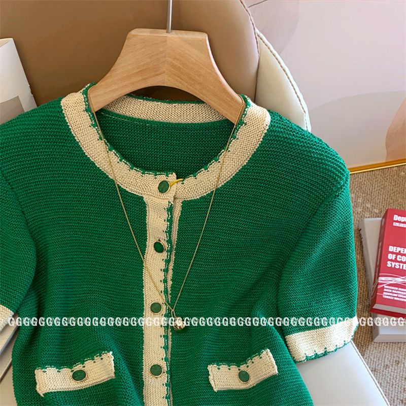 Áo khoác len dệt kim kiểu pháp t-shirt color-blocking loose short-sleeved top wade