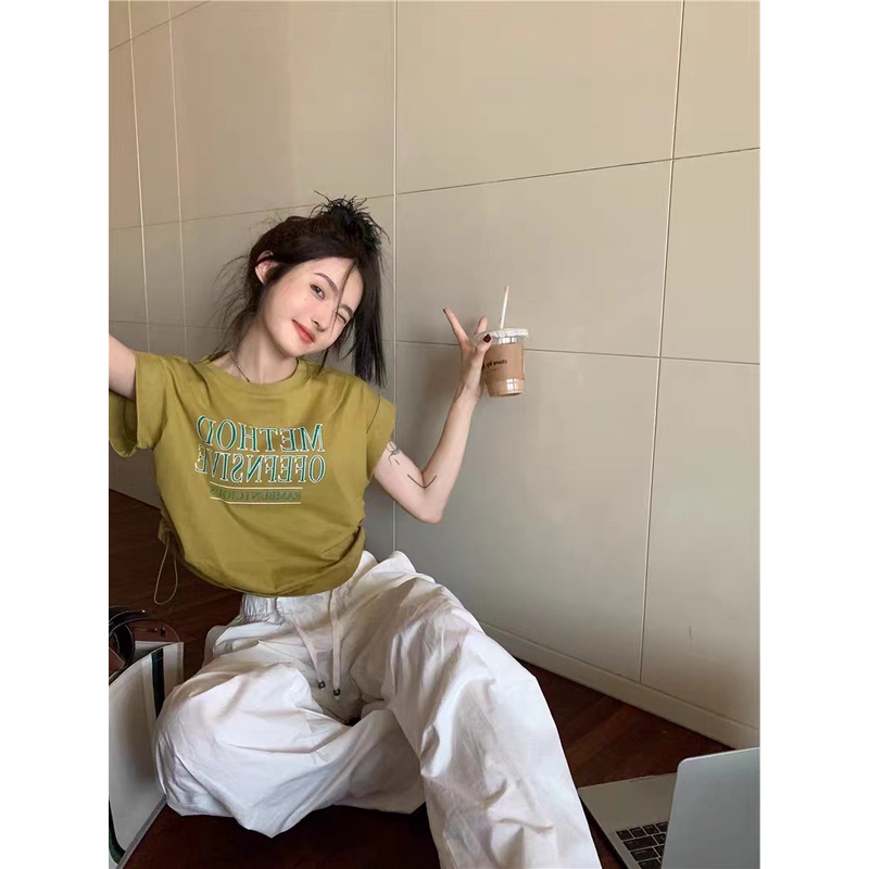 GgFashion Áo Thun Nữ Cổ Tròn In Hoa Văn, Tay Ngắn, Phong Cách Cổ Điển Và Thoải Mái, Dây Rút Phía Bên