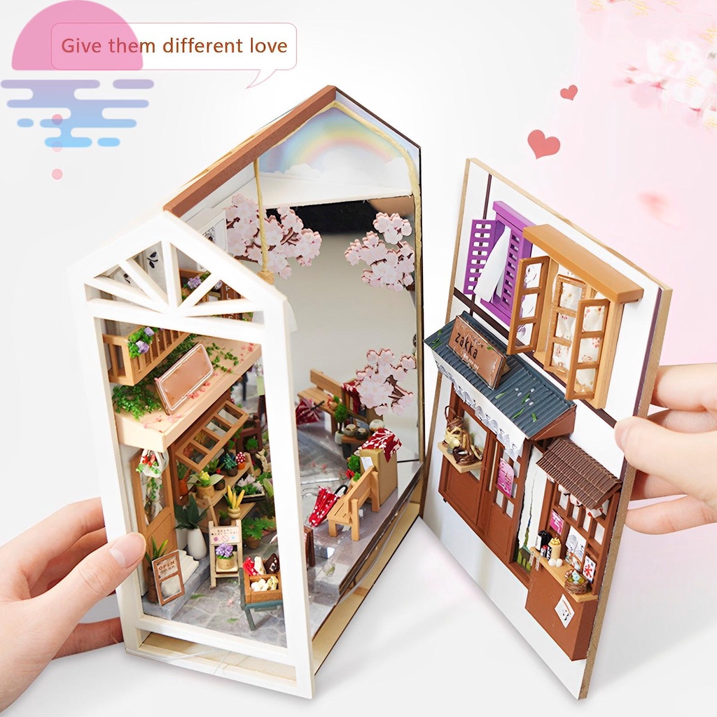Diy book nook kit giá sách xếp hình bằng gỗ 3d chèn trang trí với đèn led diy miniature dollhouse model kit shopskc3583