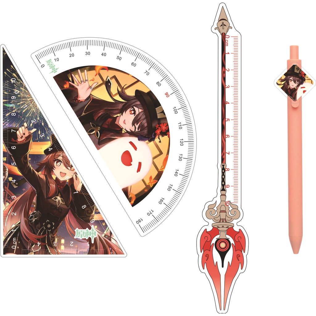 Ere1 4 cái / bộ genshin impact thước kẻ bút vẽ thước thẳng bộ vuông zhongli wanderer beelzebul