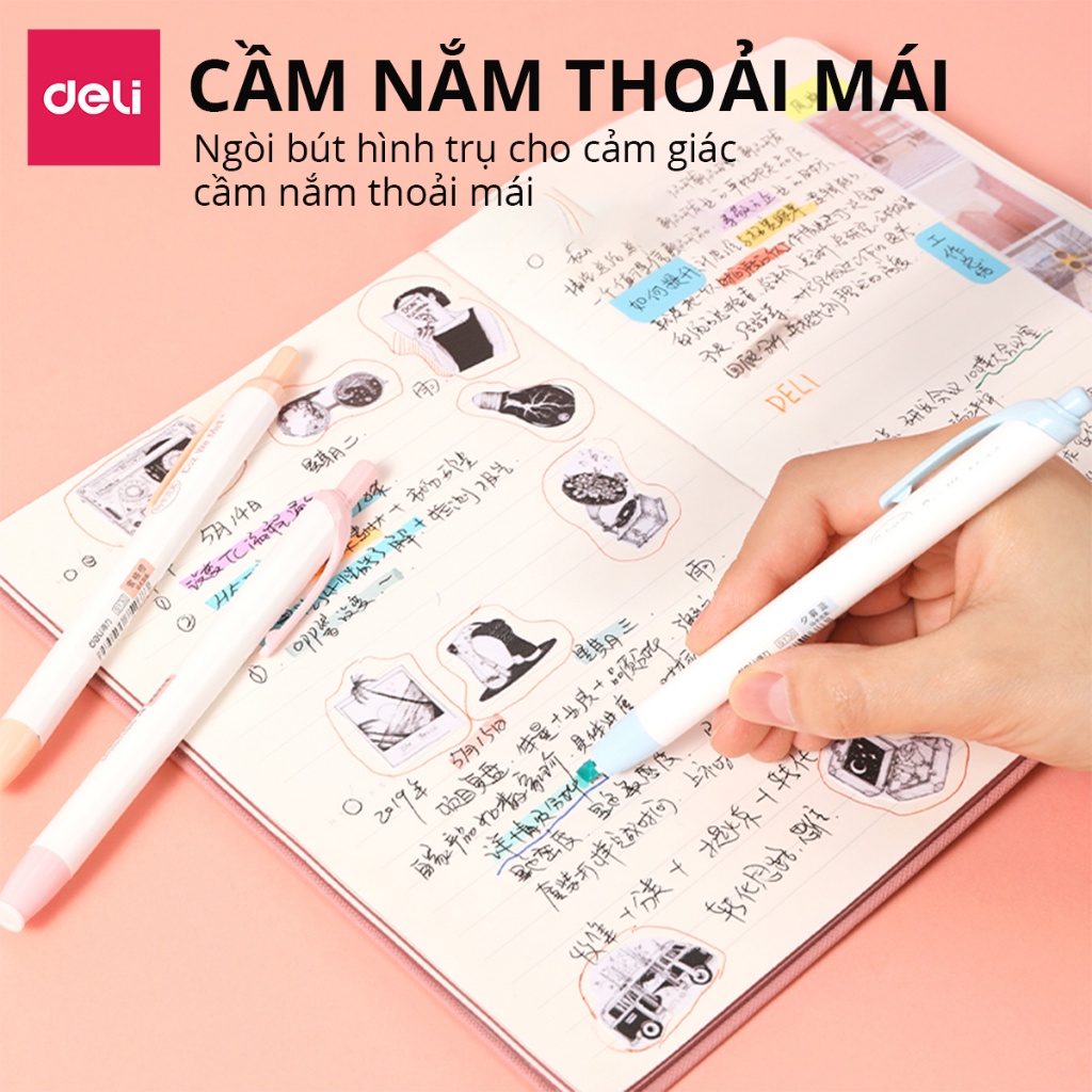 Set 6 bút highlight dạng bấm nhớ dòng đánh dấu màu pastel tươi sáng cute Deli dạ quang tiện lợi cho học sinh văn phòng