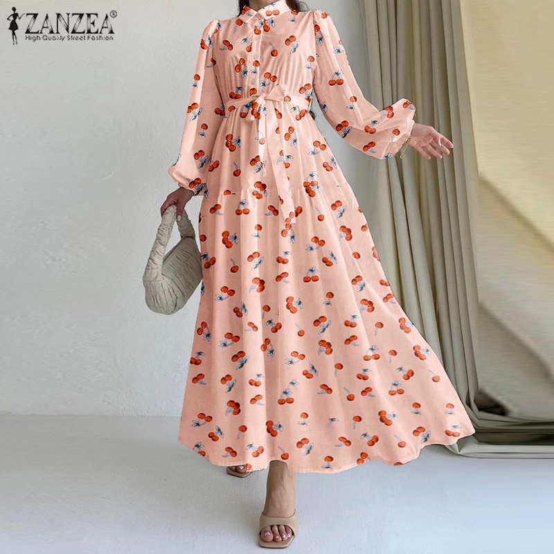 Đầm maxi ZANZEA dáng chữ A tay dài phồng in họa tiết hoa thời trang thanh lịch cho nữ