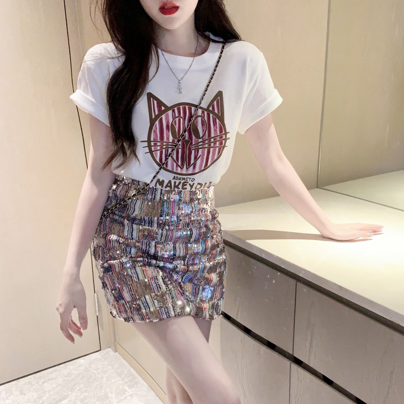 Set Áo Thun Ngắn Tay In Họa Tiết + Chân Váy Lưng Cao Ô Vuông Nhiều Màu Săc Thời Trang Dành Cho Nữ