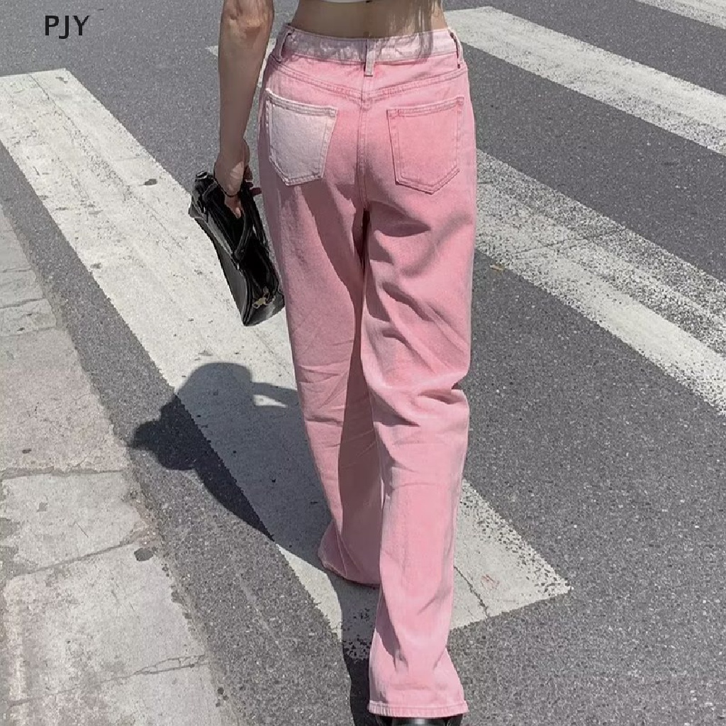 Quần Jeans Baggy Lưng Cao Màu Hồng Thời Trang Vintage Dành Cho Nữ