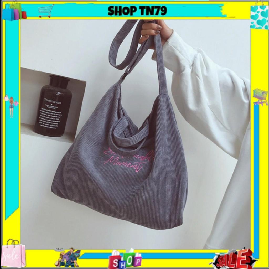 Túi tote đeo chéo vải nhung thêu chữ siêu to ullzang unisex đi học đi chơi