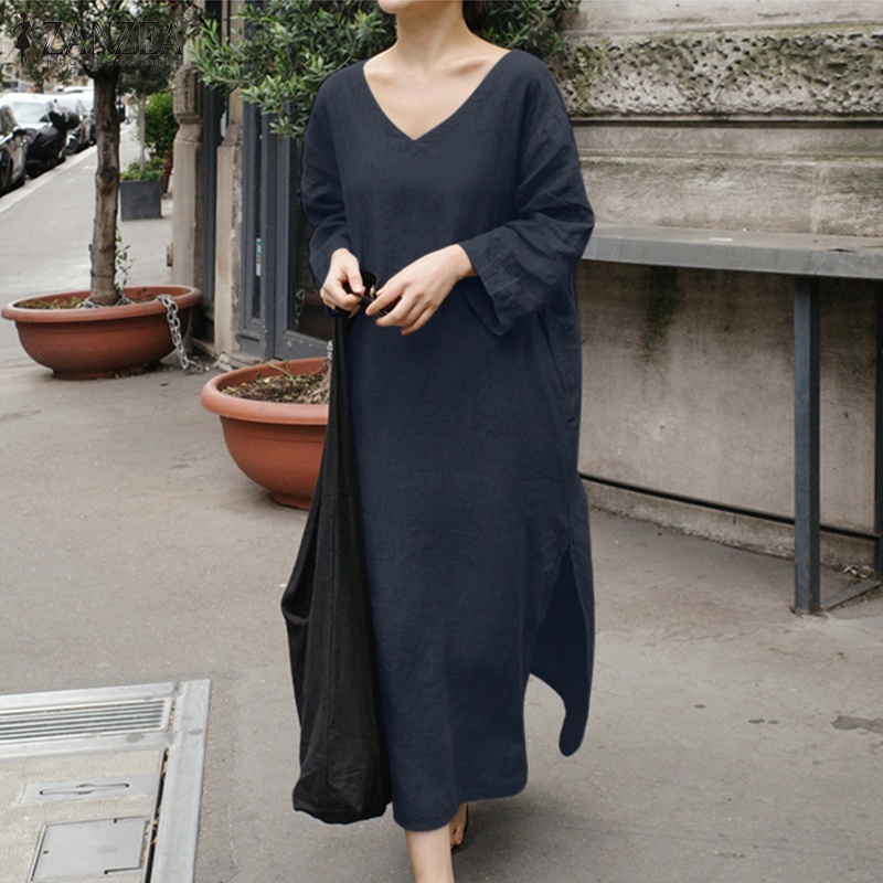 Zanzea Đầm Nữ Dài Tay Cổ Chữ V Xẻ Tà Quyến Rũ